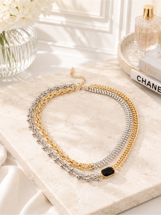 Steve Madden Jewelry - Steve Madden Two-Tone Chunky Chain Necklace | Black Cabochon Statement Necklace